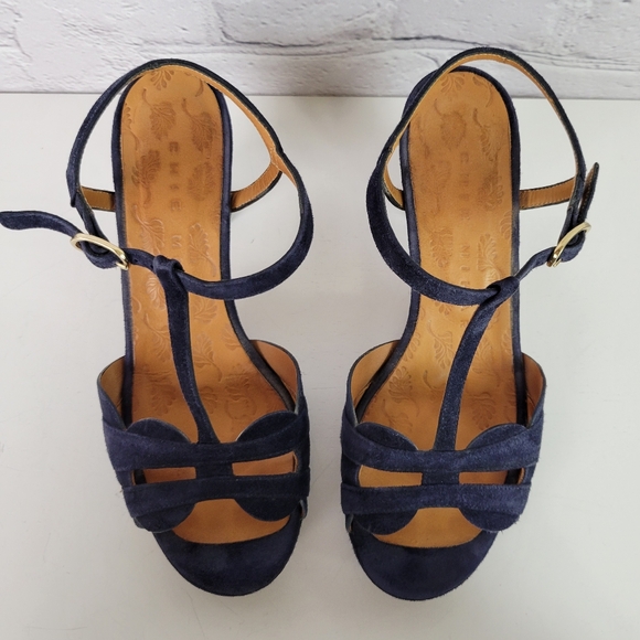 CHIE MIHARA Blue Suede T-strap Strappy Platform Sandals - Picture 8 of 13